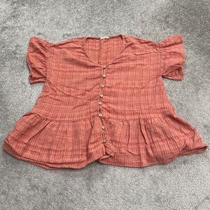 Easel Button Down Peplum Top Womens Small Orange Plaid Ruffles Casual Summer